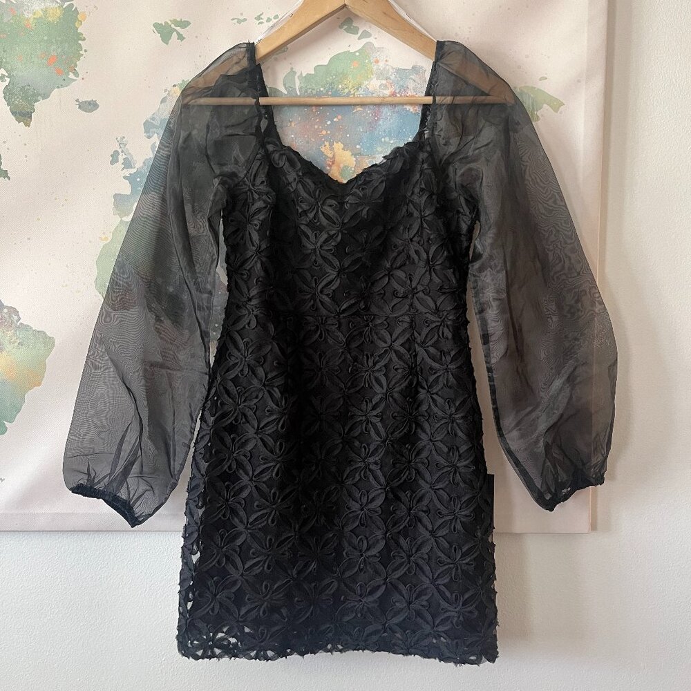 Lulu’s Dress Mysterious Moment Mini Small Black Organza Long Sleeve Applique NWT